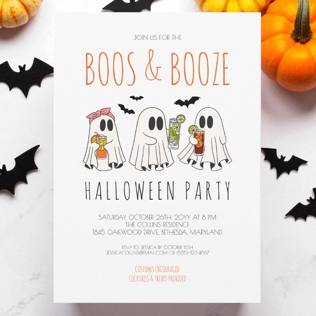 Convites Boos e Booze Festa de Halloween Adulto Fantasma Fa (Boos and Booze Spooky Ghost Adult Halloween Party Invitation)