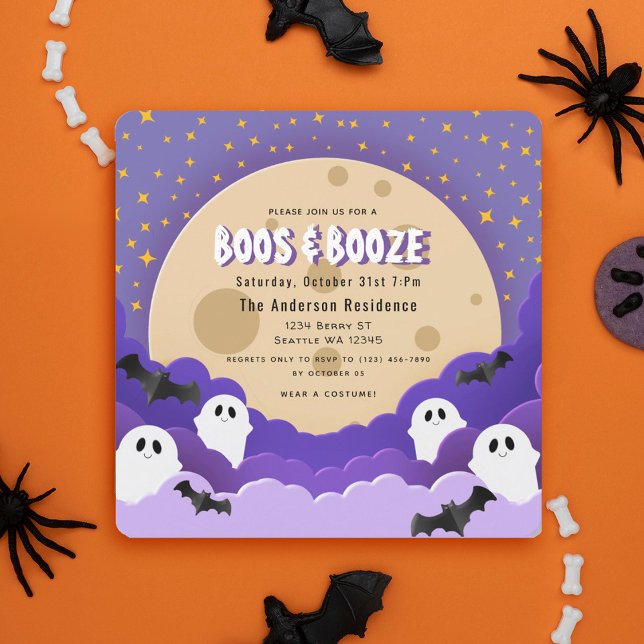 Convites Boos e Booze Festa de Halloween da Lua Fantasma (Criador carregado)