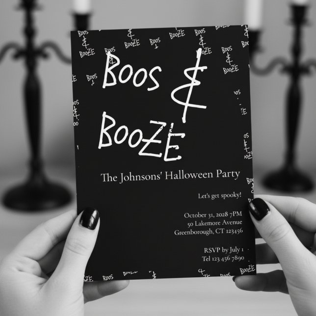Convites Boos e Booze Festa de Halloween Preta e Branca (Criador carregado)