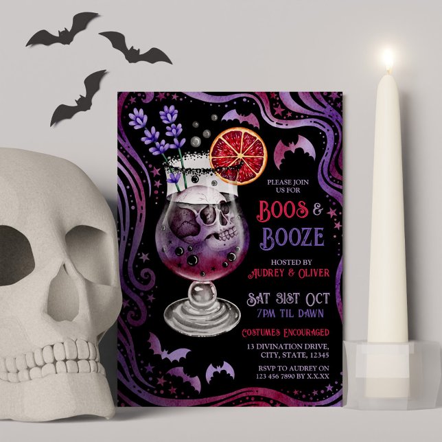 Convites Boos e Booze Figurinos e Cocktails do Halloween (Boos and Booze Halloween Costumes and Cocktails Invitation)