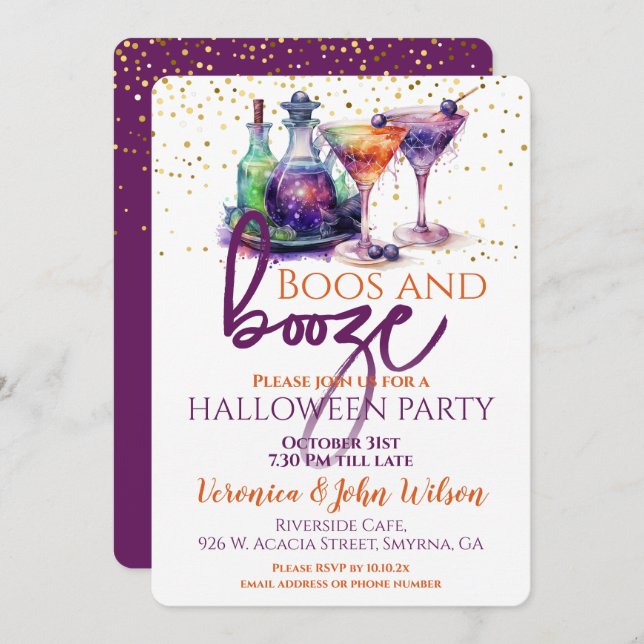 Convites Boos e Booze Halloween (Frente/Verso)