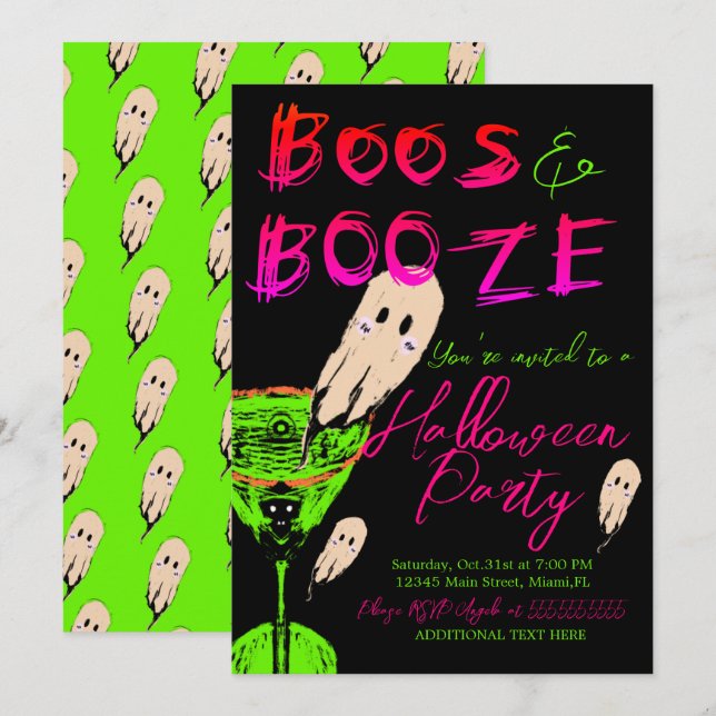 Convites Boos e Booze Halloween Fantasma Neon Black (Frente/Verso)