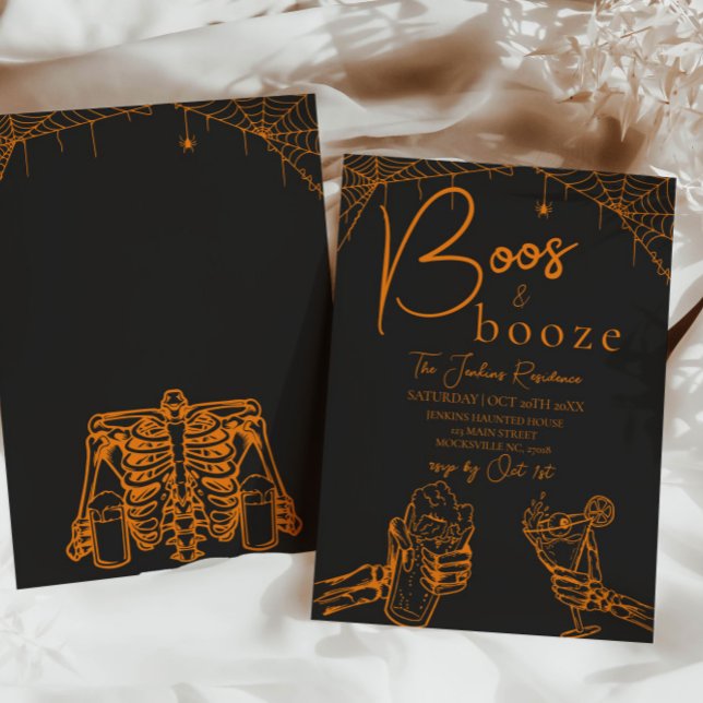 Convites Boos e Booze Halloween Skeleton Party Orange (Criador carregado)