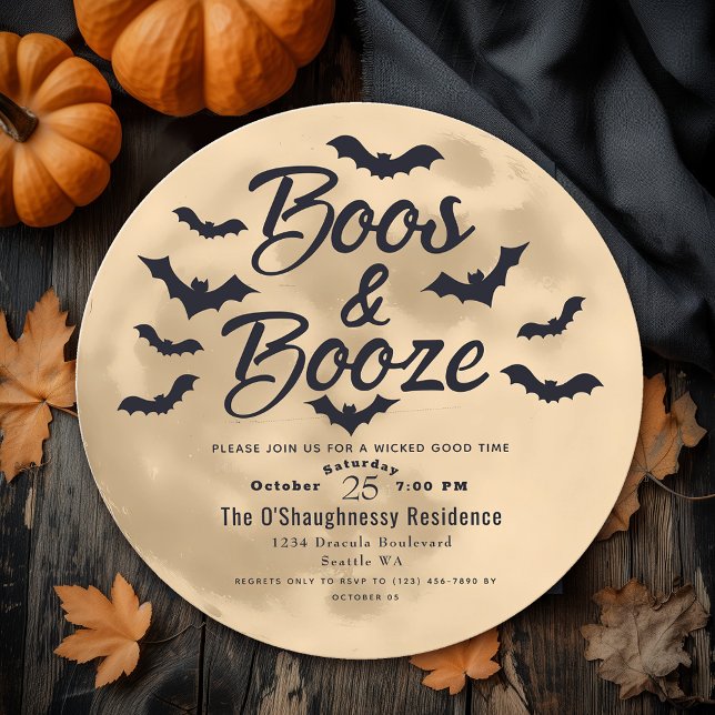Convites Boos e Booze Lua e Bats Festa Adulta do Halloween (Criador carregado)