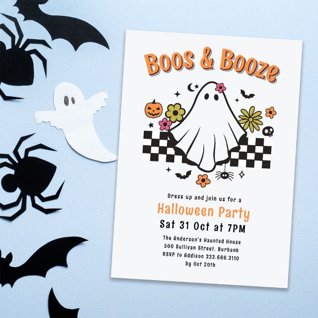 Convites Boos e Booze Retro Ghost Halloween Festas (Criador carregado)