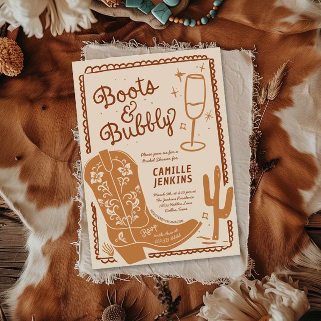 Convites Boot e Chá de panela desenhado à mão (Boots and Bubbly Hand Drawn Bridal Shower Invitation)