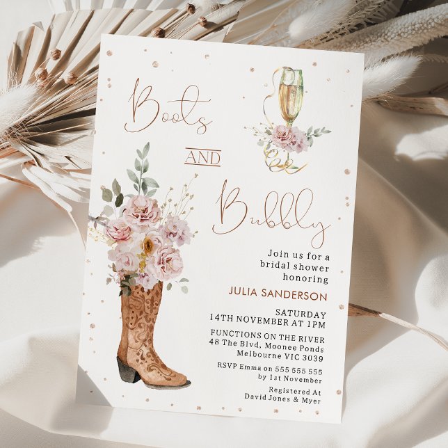 Convites Boot Floral Boot e Chá de panela Brunch (Chic floral boots and brunch bridal shower invitation with champagne glass and calligraphy text.)