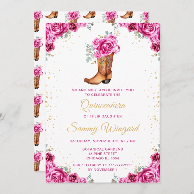 Convites Boot Floral Dourado Rosa Quinceañera (Frente/Verso)