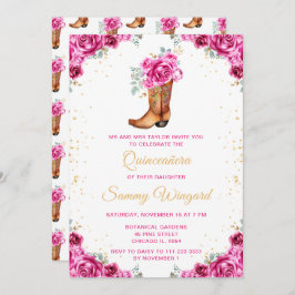 Convites Boot Floral Dourado Rosa Quinceañera