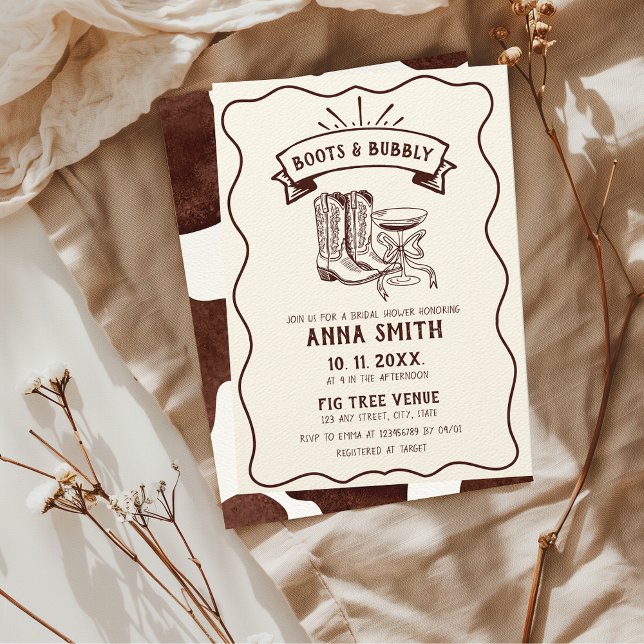 Convites Boot Ilustrado Mão e Chá de panela Cute Invisível (Boots & Bubbly Hand Illustrated Bridal Shower Invitation with Cow Pattern)