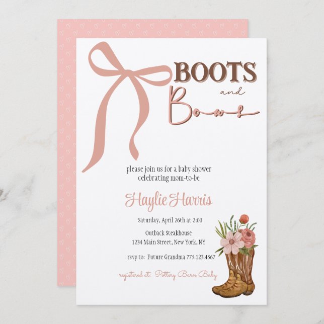 Convites Boots and Bows Baby Girl Shower (Frente/Verso)