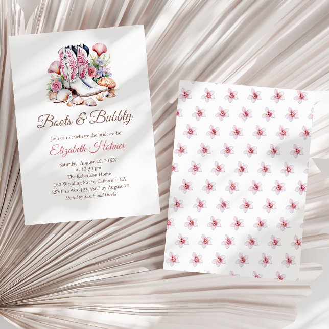 Convites Boots and Bubble Costal Cowgirl Chá de panela Invi (Boots and Bubbly Costal Cowgirl Bridal Shower Invi Invitation on a sunny white dry palm leaf.)