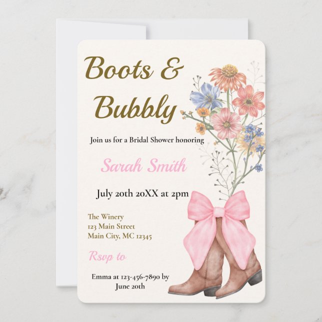 Convites Boots and Bubbly Bridal Shower (Frente)