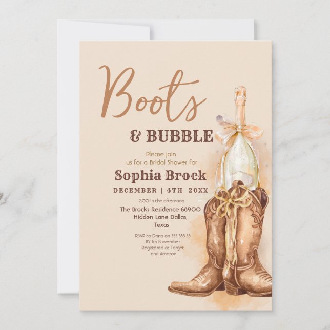 Convites  Boots and Bubbly Bridal Shower Invitation (Frente)