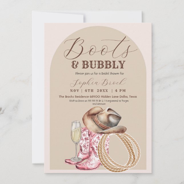 Convites  Boots and Bubbly Brown Western Bridal Shower (Frente)