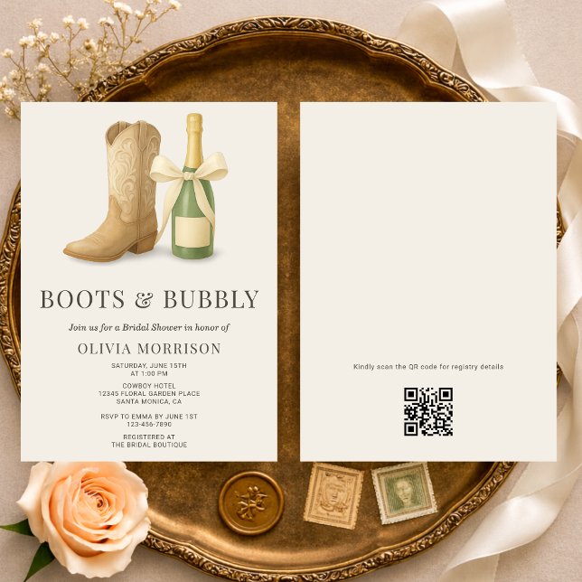 Convites Boots and Bubbly QR Code Bow Bridal Shower (Criador carregado)
