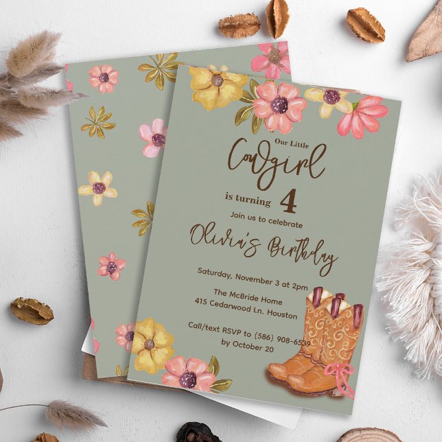 Convites Boots Boot Birthday (Flores de Boho Ocidental) (Criador carregado)