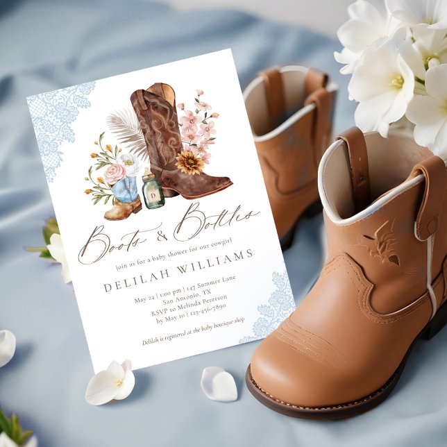 Convites Boots & Botles Blue Cowboy Chá de fraldas Ocidenta (Boots & Bottles Blue Cowboy Western Baby Shower Invitation)