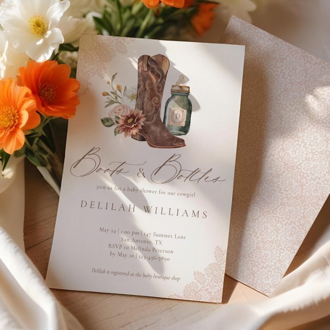 Convites Boots & Botles Chic Cowgirl Western Chá de fraldas (Boots & Bottles Chic Cowgirl Western Baby Shower Invitation)