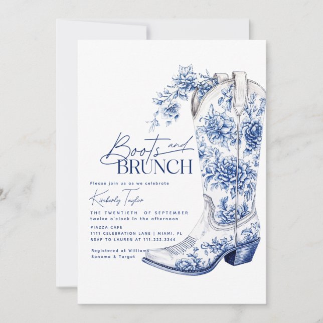 Convites Boots & Brunch Blue Chinoiserie Chá de panela (Frente)