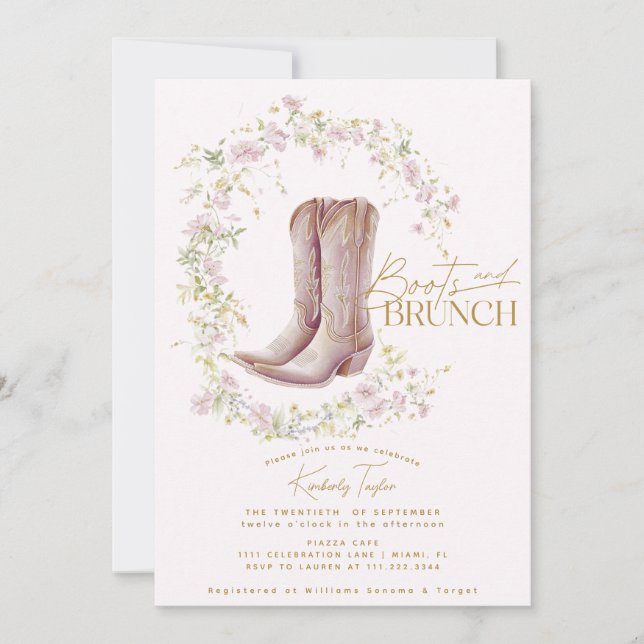 Convites Boots & Brunch — Chá de panela de flor silvestre r (Frente)