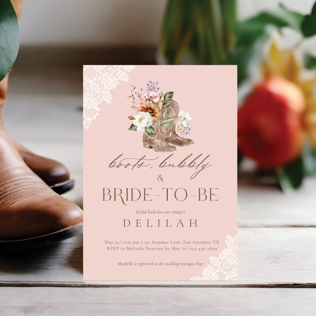 Convites Boots Bubble & Bride para ser Chá de panela Ociden (Boots Bubbly & Bride to Be Western Bridal Shower Invitation)