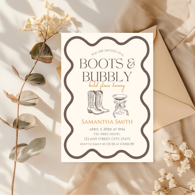 Convites Boots & Bubble Chá de panela Mão Ilustrada (Boots and Bubbly Bridal Shower Invitation)