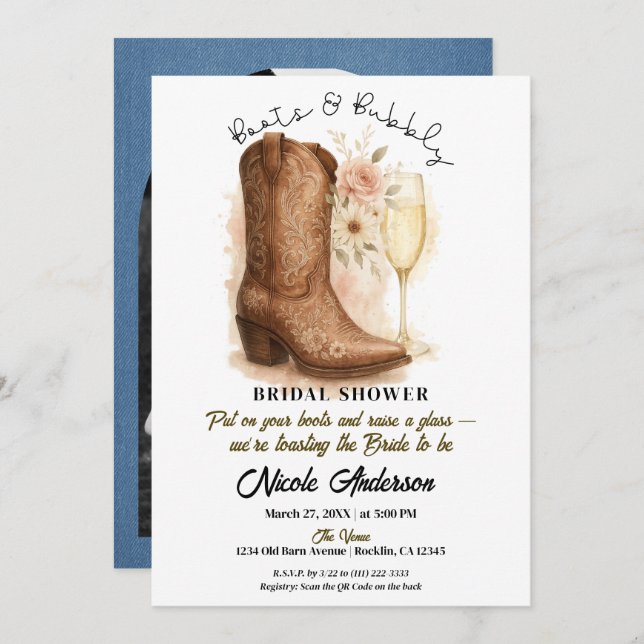 Convites Boots & Bubble Country Western Boot Chá de panela (Frente/Verso)