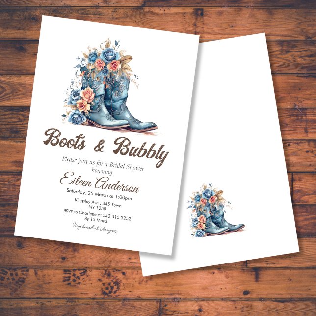 Convites Boots & Bubble Cowgirl Blue Boots Chá de panela (Boots & Bubbly Cowgirl Blue Boots Bridal Shower Invite)