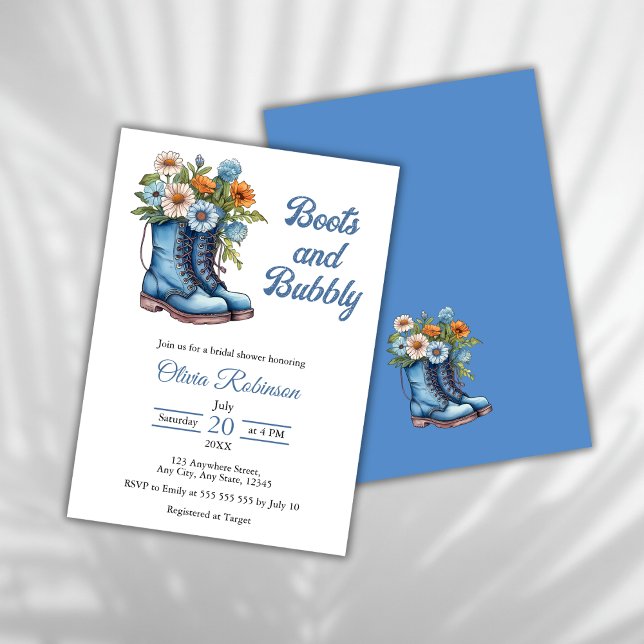 Convites Boots & Bubble Western Cowgirl Chá de panela Azul (Boots & Bubbly Western Cowgirl Blue Bridal Shower Invitation )