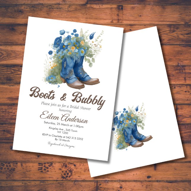 Convites Boots & Bubble Western Cowgirl Chá de panela Azul (Boots Bubbly Western Cowgirl Blue Bridal Shower Invite)