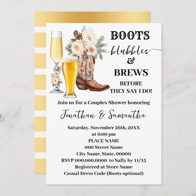 Convites Boots Bubbles & Brews Winter Bridal Shower (Frente/Verso)