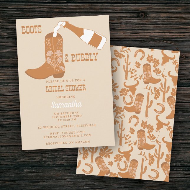 Convites Boots Bubbles Russo Western Country Chá de panela (Boots Bubbly Rustic Western Country Bridal Shower Invitation)