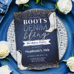 Convites Boots Denim Bling Diamond Blue Jeans<br><div class="desc">Um convite temático moderno, elegante e chic denim e diamantes para uma festa de aniversário de 30 anos para mulheres. Apresenta a tipografia moderna, branca e o título "Boots, Denim & Bling", com a palavra "bling" na caligrafia moderna e colocada com efeito de pedra angular (isto é um efeito digital,...</div>