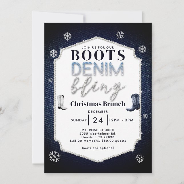 Convites Boots Denim Bling Frame Christmas Church Brunch (Frente)