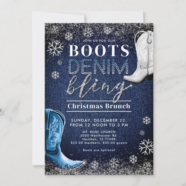 Convites Boots Denim Bling Snow Frame Blue Festa de Natal (Frente)