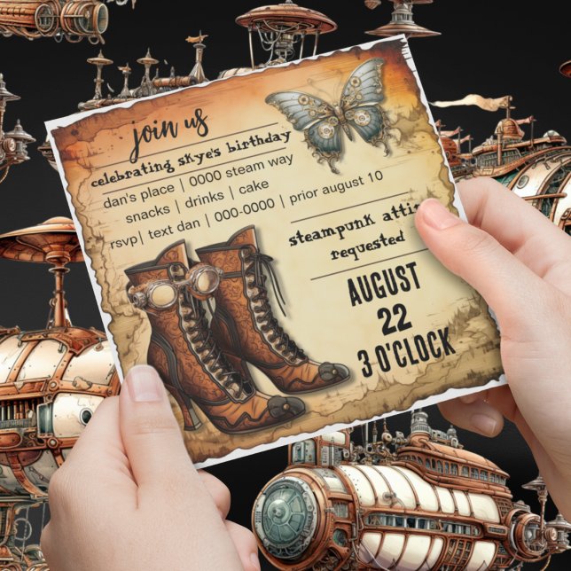 Convites Boots vitorianos | Borboleta Steampunk | Aniversár (Steampunk journey boots and steampunk butterfly on customizable party invitation for him or her. )
