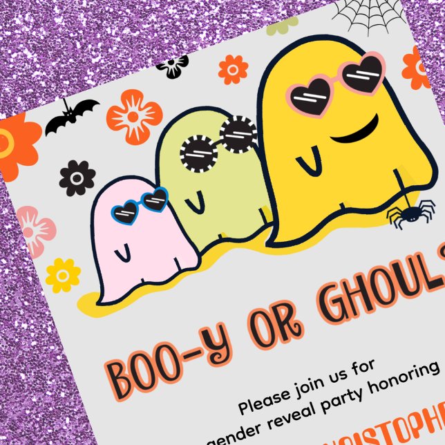 Convites Booy ou Ghoul 70s Ghost Halloween (Booy-or-Ghoul-70s-Ghost-Halloween-Gender-reveal-Invitation-1)
