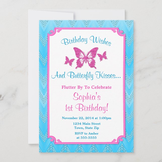 Convites Borboleta Aniversário primeiro aniversario Rosa de (Frente)