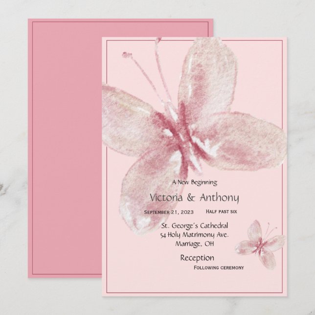 Convites Borboleta Aquarela Rosa Mauve Elegante (Frente/Verso)