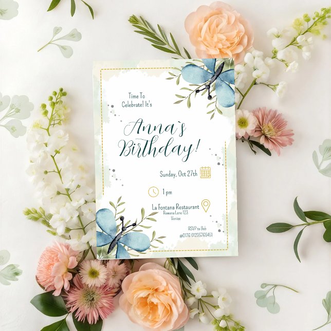 Convites Borboleta Azul Claro Aquarela Aniversário (Criador carregado)