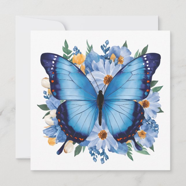 Convites Borboleta Azul Graciosa em Floral (Frente)