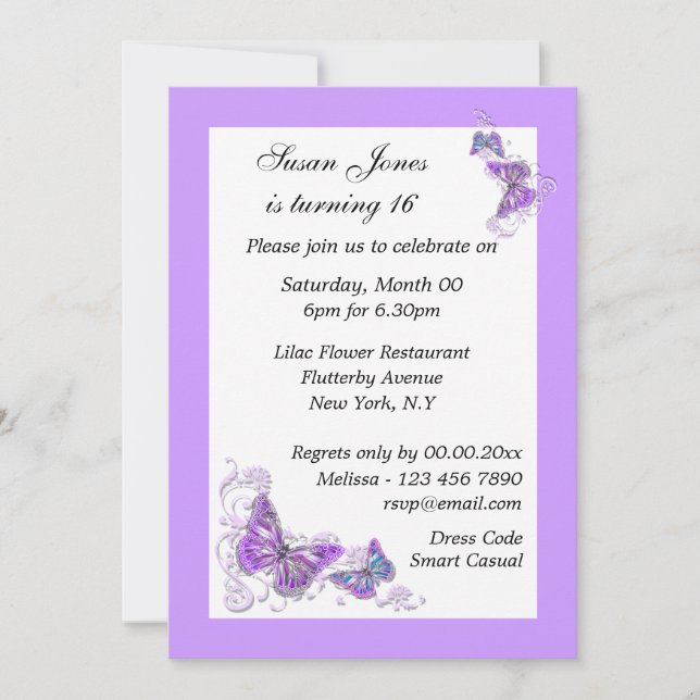 Convites Borboleta azul roxa floral PERSONALIZAR (Frente)