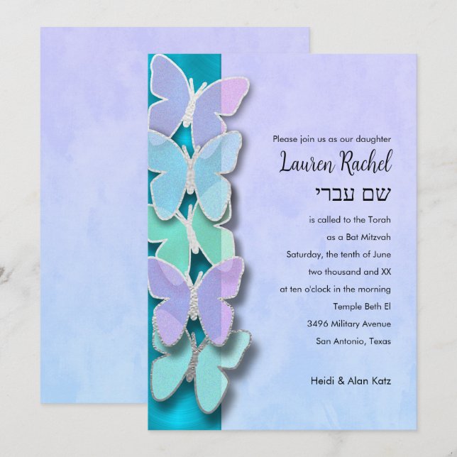Convites Borboleta Azul Roxo Verde Bat Mitzvah (Frente/Verso)