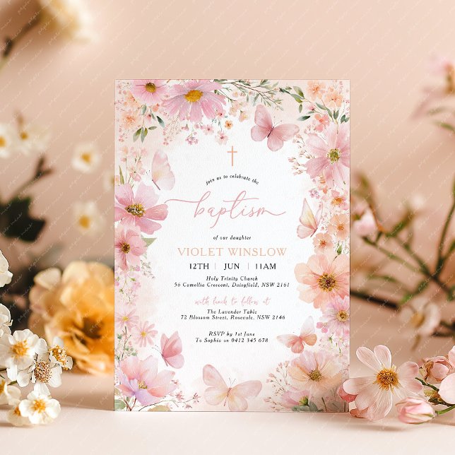 Convites Borboleta Baptisma Rosa Floral Menina Rosa (Pink Peach Floral Baptism Invitation. Pretty floral Christening invitation with flowers & butterfly)