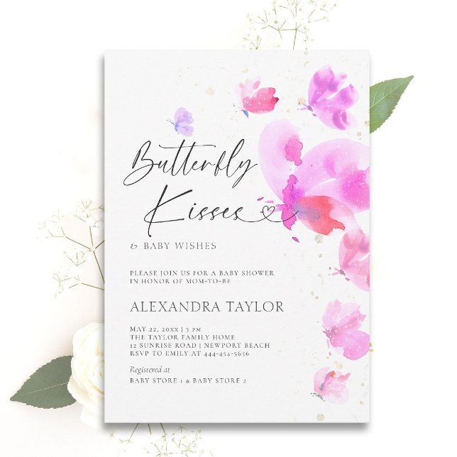 Convites Borboleta Beija Bold Rosa Chá De Bebê Rosa (butterfly baby shower theme boy invitation watercolor whimsical fuchsia pink garden party purple)