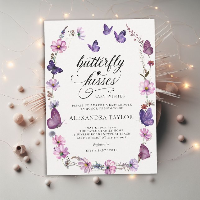 Convites Borboleta Beija Chá Roxinho Roxo Selvagem (butterfly kisses baby wishes girl shower invitation purple pink garden watercolor spring summer boho)