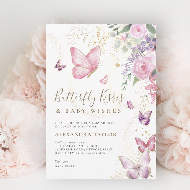 Convites Borboleta Beija Deseja Chá de Bebê Floral (butterflies baby shower invitation butterfly kisses pink purple gold floral elegant garden party)