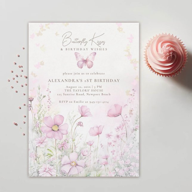 Convites Borboleta Beija Deseja primeiro aniversario de flo (butterfly kisses birthday wishes pink wild flowers garden 1st birthday girl invitation template)