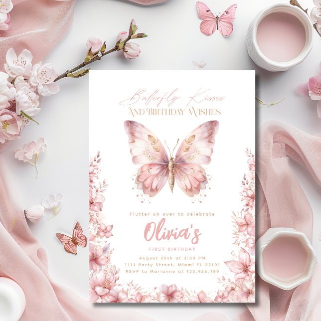 Convites Borboleta Beija Festa de Borboleta Rosa de Anivers (Butterfly Kisses Birthday Pink Butterfly Party Invitation)